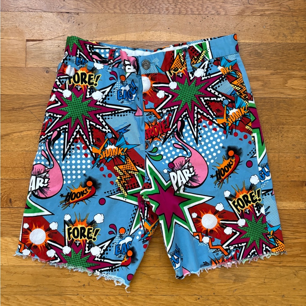 Royal & Awesome Kid’s Golf Shorts comic raw hem